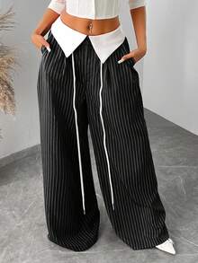 SHEIN SXY Quần kẻ sọc cạp cao màu đỏ cỡ lớn cho nữ, phù hợp mặc hàng ngày, công sở, đơn giản, đi làm, thanh lịch, giản dị, mua sắm, dạo phố, đi chơi, đơn giản và đa năng, dễ phối đồ và trông thon gọn, tôn dáng, tôn dáng, xuân/hè - màu đen - Xem 5