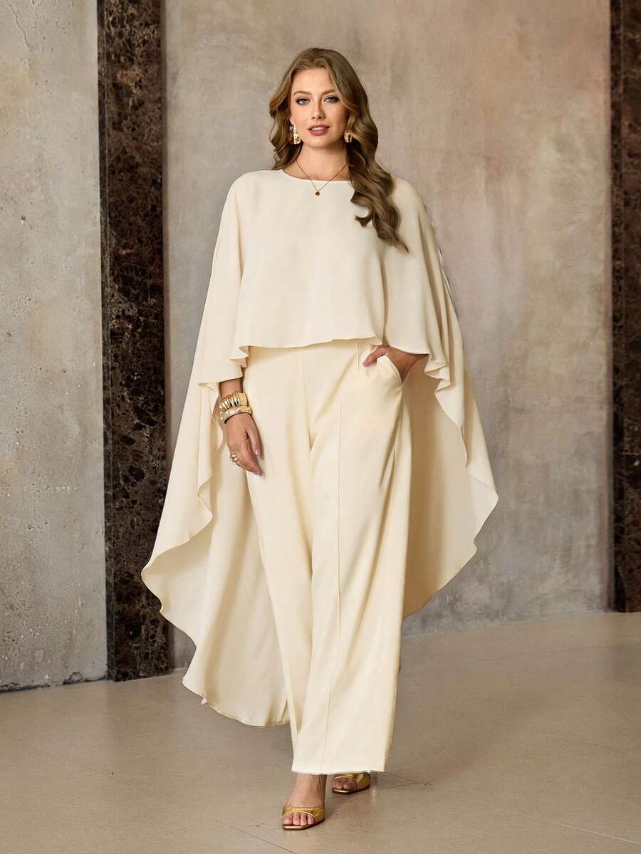 Roveilla Spring/Summer New Women's Chiffon Flowy Shawl Collar Long Shirt With Front Short Back Long Design, Elegant Casual 2-Piece Set With Front Drawstring Pants - Apricot - View 1