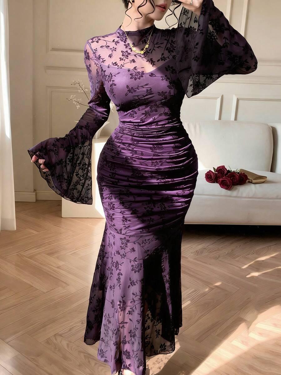 女士优雅蕾丝褶皱鱼尾连衣裙，适合春夏穿着 - 紫色 - 查看 1