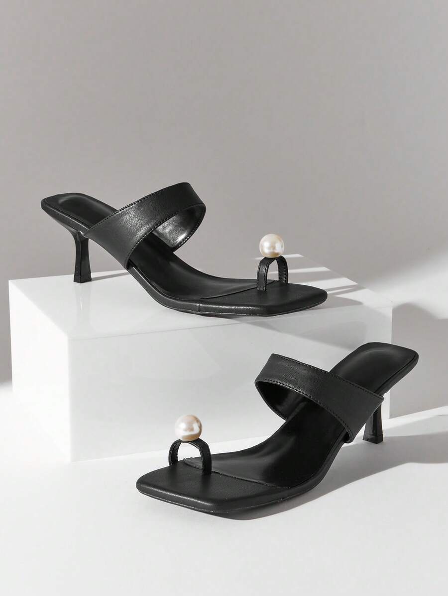 SHUZIA Sandal cao gót mũi nhọn kiểu dáng thanh lịch dành cho nữ, đính ngọc trai trang trí, thích hợp xỏ ngón. - màu đen - Xem 1