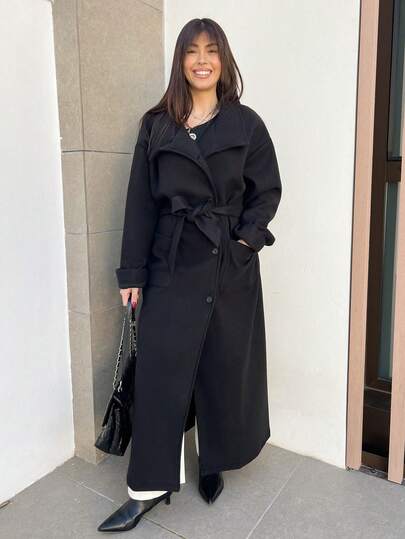 Hitanina Women's Solid Color Minimalist Big Lapel Patchwork Pocket Single-Breasted Belted Maxi Jacket Fall Winter Cloth For Women