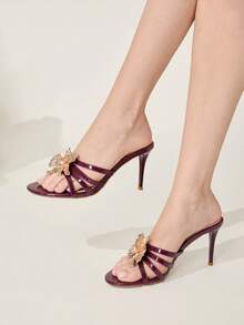 CUCCOO CHICEST 酒红色细高跟凉鞋，饰有金色金属质感3D立体花卉图案，性感露趾 - 酒紅色 - 查看 6