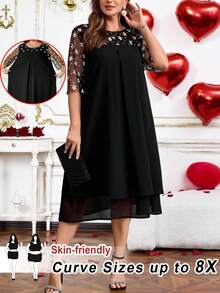 SHEIN CURVE+ Đầm cỡ lớn dáng rộng cổ tròn phối lưới hoa văn, thích hợp cho mùa hè - màu đen - Xem 9