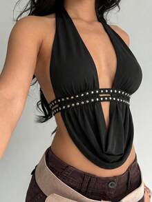 Aloruh Women's Fashionable Sexy Rivet Detail Halter Backless Top, Summer - Black - View 1