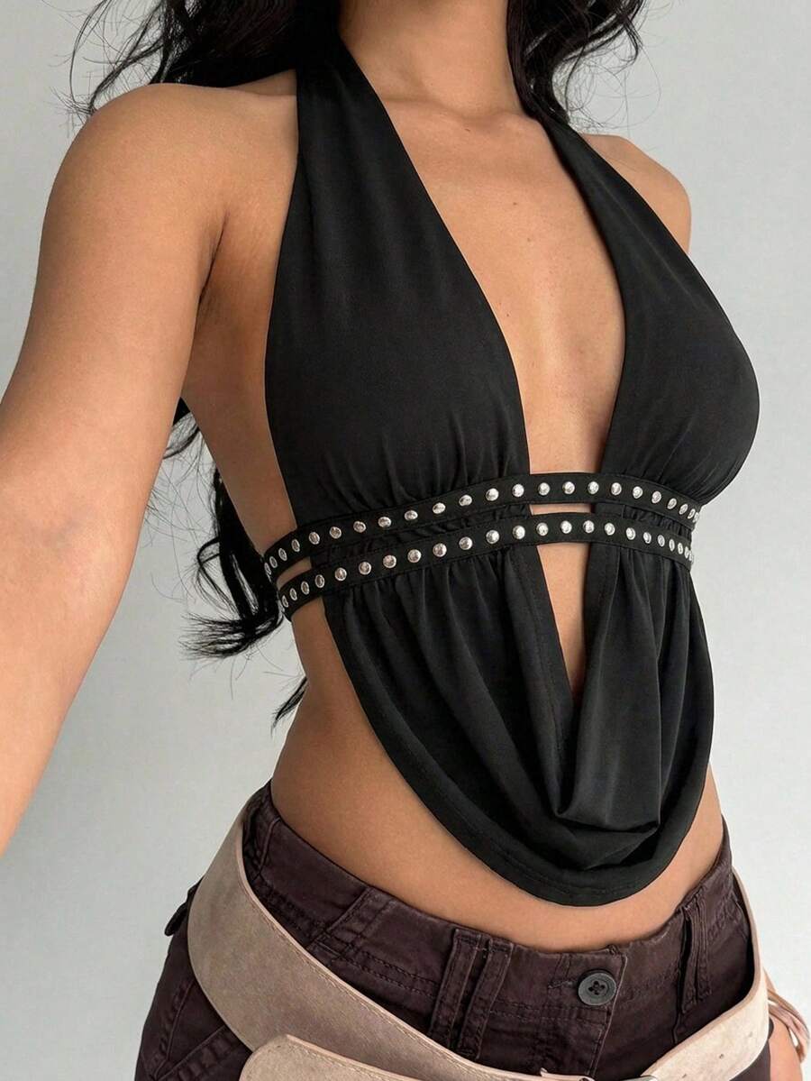 Aloruh Women's Fashionable Sexy Rivet Detail Halter Backless Top, Summer - Black - View 1