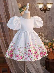 少女可爱优雅花卉图案蝴蝶结无袖连衣裙 - 白色 - 查看 8