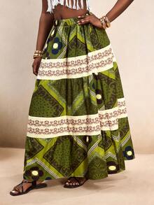 BamGleam 波西米亚风橄榄绿印花多层蛋糕裙，拼接条纹高腰裙，度假风显瘦A字裙，博主同款休闲约会复古风 - 彩色 - 查看 3