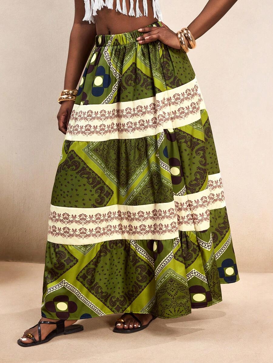 BamGleam 波西米亚风橄榄绿印花多层蛋糕裙，拼接条纹高腰裙，度假风显瘦A字裙，博主同款休闲约会复古风 - 彩色 - 查看 1