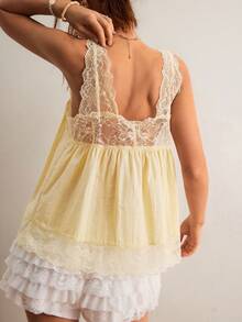 Freevana Women's Pale Yellow Summer Elegant Tea Party Boho Deep V-Neck Lace Trim Cotton Textured Loose Cami Top Sleeveless Babydoll Vintage Blouse - Pale Yellow - View 13