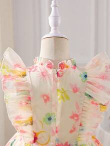 Glamorique Kids 女童优雅碎花荷叶边无袖连衣裙，公主裙，适合花童、派对、旅行、演出，四季皆宜 - 杏色 - 查看 3