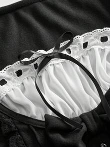 ROMWE Kawaii 甜美女孩二合一花瓣袖黑白女式衬衫 - 黑色 - 查看 3