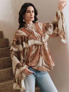 Anewsta 优雅复古飘逸花卉印花女式长袖宽松荷叶领衬衫，嘉年华风格，适合春夏季节和度假穿着。 - 彩色 - 查看 6