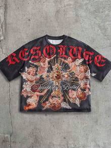 AXEPEAK 男士圆领十字架天使印花休闲时尚日常短袖T恤 - 彩色 - 查看 3