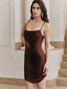 Anewsta 春夏新款绷带褶皱流苏设计紧身性感迷你连衣裙，时尚无袖修身半身裙 - 咖啡棕 - 查看 3