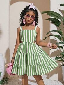 SHEIN Tween Girl Solid Color Ruffle Hem Casual Vacation Party Dress,Mothers Day Outfit,Graduation,Mommy And Me Matching Outfits - Multicolor - View 4