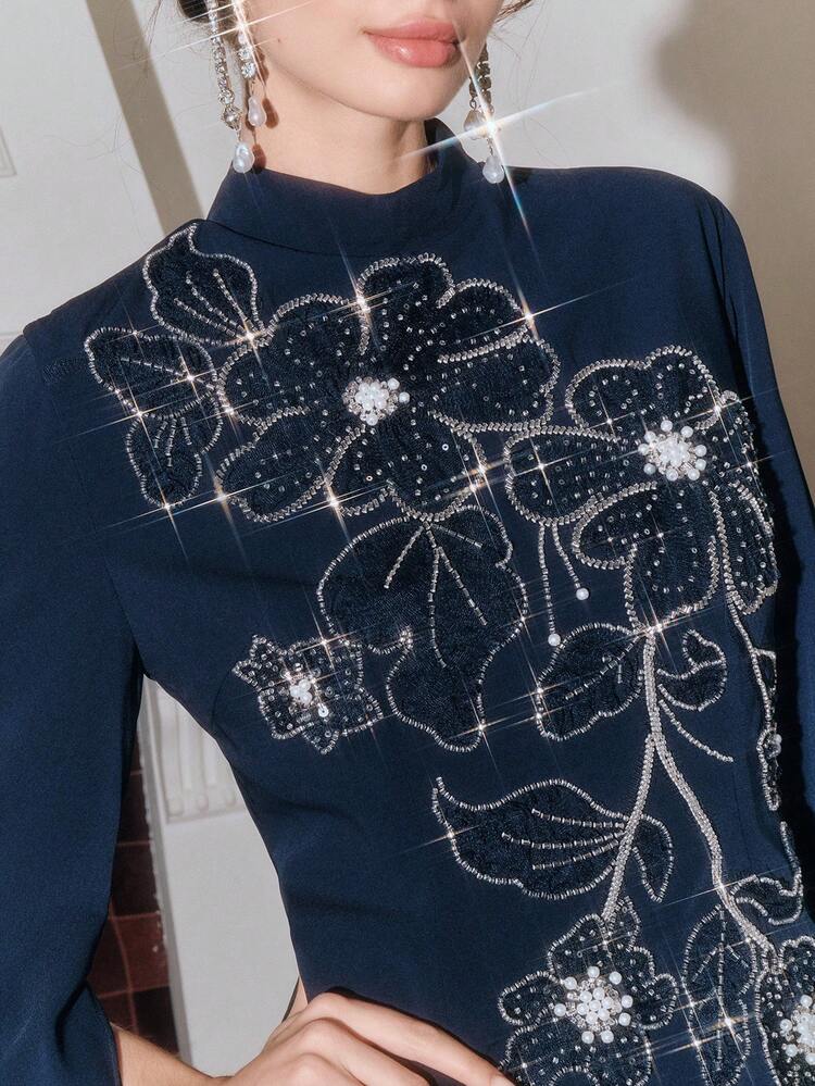 Women's Fashion New Beaded Floral Pattern High-End Banquet Birthday Party Elegant Dress Navy Blue