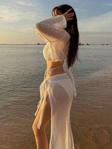 DAZY Conjunto de 2 piezas de estilo de vacaciones en la playa para mujer, top corto con hombros descubiertos y falda ajustado - Blanco - Ver 5