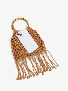 SHECARRY 女士手提包，时尚、优雅、简约、个性化、百搭、手工钩编、流苏，适合海滩、度假、假日、夏季、海边等场合。 - 淺棕 - 查看 4