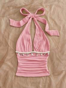 Soleia Women's Solid Color Halter Tie Ruched Sexy Versatile Casual Top,Pink Top - Pink - View 6