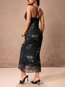 ROMWE PETITE Black Rose Mesh Draped Neck Sexy Long Dress For Women - Black - View 2