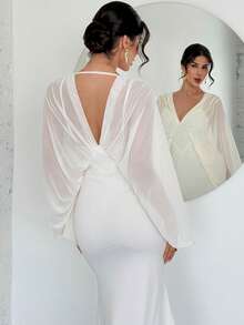 Firerie Đầm maxi lưới xuyên thấu hở lưng, cổ chữ V, tay cánh dơi, xếp ly, thanh lịch, tinh tế, lãng mạn, trang nhã, sang trọng, phù hợp cho tiệc tùng, ngày Valentine, hẹn hò, tiệc sinh nhật, dự đám cưới, kỳ nghỉ, đi làm. - Trắng ngà - Xem 3