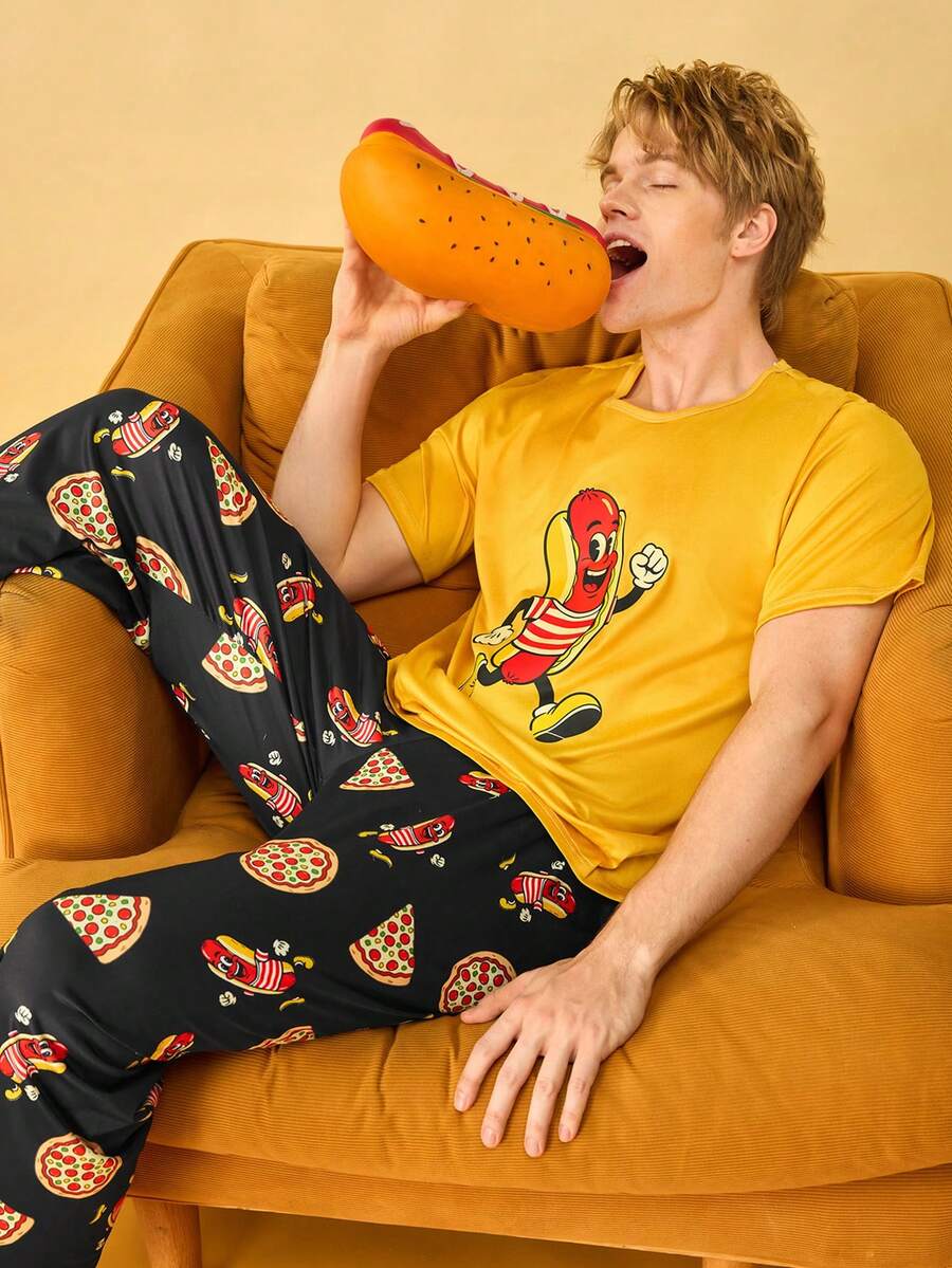 Conjunto de pijama para hombres con estampado de hamburguesa y papas fritas - Multicolor - Ver 1