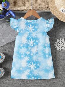 SHEIN 女婴夏季无袖卡通公主雪花印花圆领时尚公主连衣裙，适合日常外出穿着 - 藍色 - 查看 2