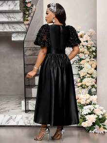 SHEIN Lady 女士黑色花瓣袖圆领优雅连衣裙 - 黑色 - 查看 2