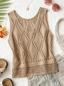 Travachic Women's Brown Hollow-Out Knit Loose Tank Top, Summer Vacation, Christmas Party, Elegant New Year's Eve, Casual Going Out, Tank Top - Brown - View 2