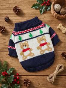 PETSIN 1pc Universal Clothes For Cats And Dogs, Jacquard Bear Cartoon Pattern Knitted Sweater, Warm In Spring And Autumn Winter - navy blue white - View 1