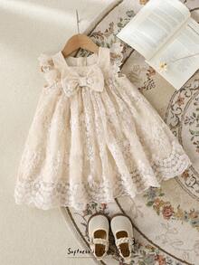 Cozy Pixies Đầm không tay cổ bèo nhún thắt eo cho bé gái, đa năng và thoải mái. - Màu be - Xem 8