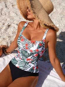 Swim Lushoire 女士印花吊带背心式泳衣套装，包括上衣和三角泳裤，适合度假海滩穿着 - 彩色 - 查看 1