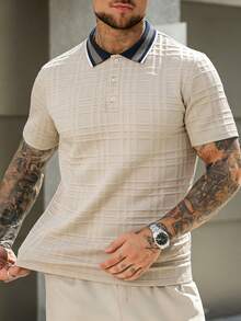 EGENSIO Men's Textured Jacquard Solid Color Ribbed Polo Shirt - Apricot - View 1