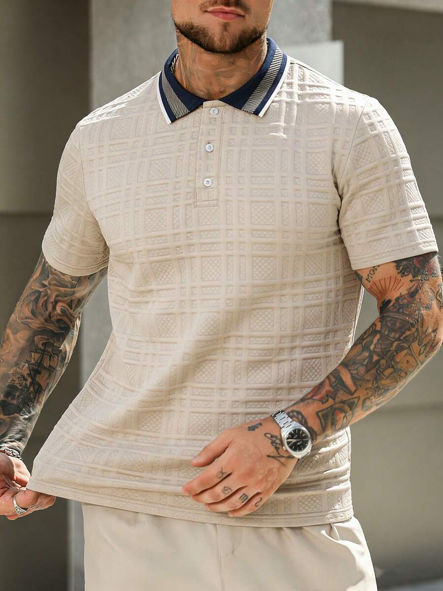 EGENSIO Men's Textured Jacquard Solid Color Ribbed Polo Shirt - Apricot - View 1