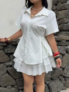 Sunnyshic 大码女式新款白色纯色时尚浪漫度假可爱短袖系带宽松上衣，适合日常外出、返校季、度假、办公室日常穿着，春夏季节皆宜。 - 白色 - 查看 5