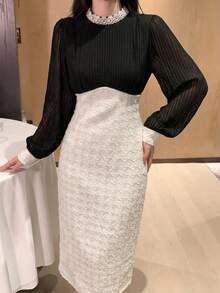 DAZY 优雅撞色高领修身中长连衣裙，适合派对、庆典、婚礼宾客等场合的及地长裙 - 黑與白 - 查看 5