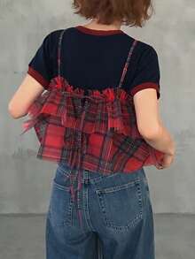 FRIFUL Mesh Plaid Lace-Up Layered Pleated Frill Trim Loose Casual Versatile Camisole Summer Graphic Tee - Red - View 6