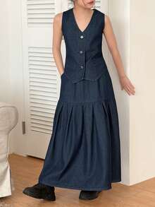 DAZY Tween Girls V-Neck Denim Vest & Denim Skirt 2-Piece Set, Fall - Blue - View 6