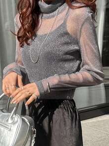 Women's Solid Gray Sheer Mesh Fabric Layered Slim Fit Versatile Blouse Summer Long Sleeve Tops Women - Grey - View 1