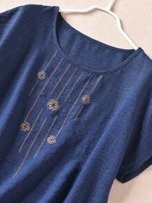 Rusticease 女士休闲度假风刺绣蝙蝠袖宽松上衣和阔腿裤两件套，春夏秋季 - 藍色 - 查看 5