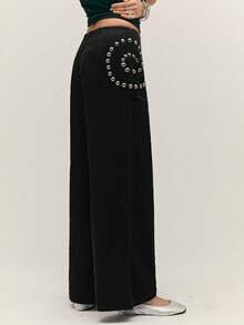 Easelle 女士休闲时尚街头朋克摇滚风铆钉装饰宽松阔腿裤 - 黑色 - 查看 3