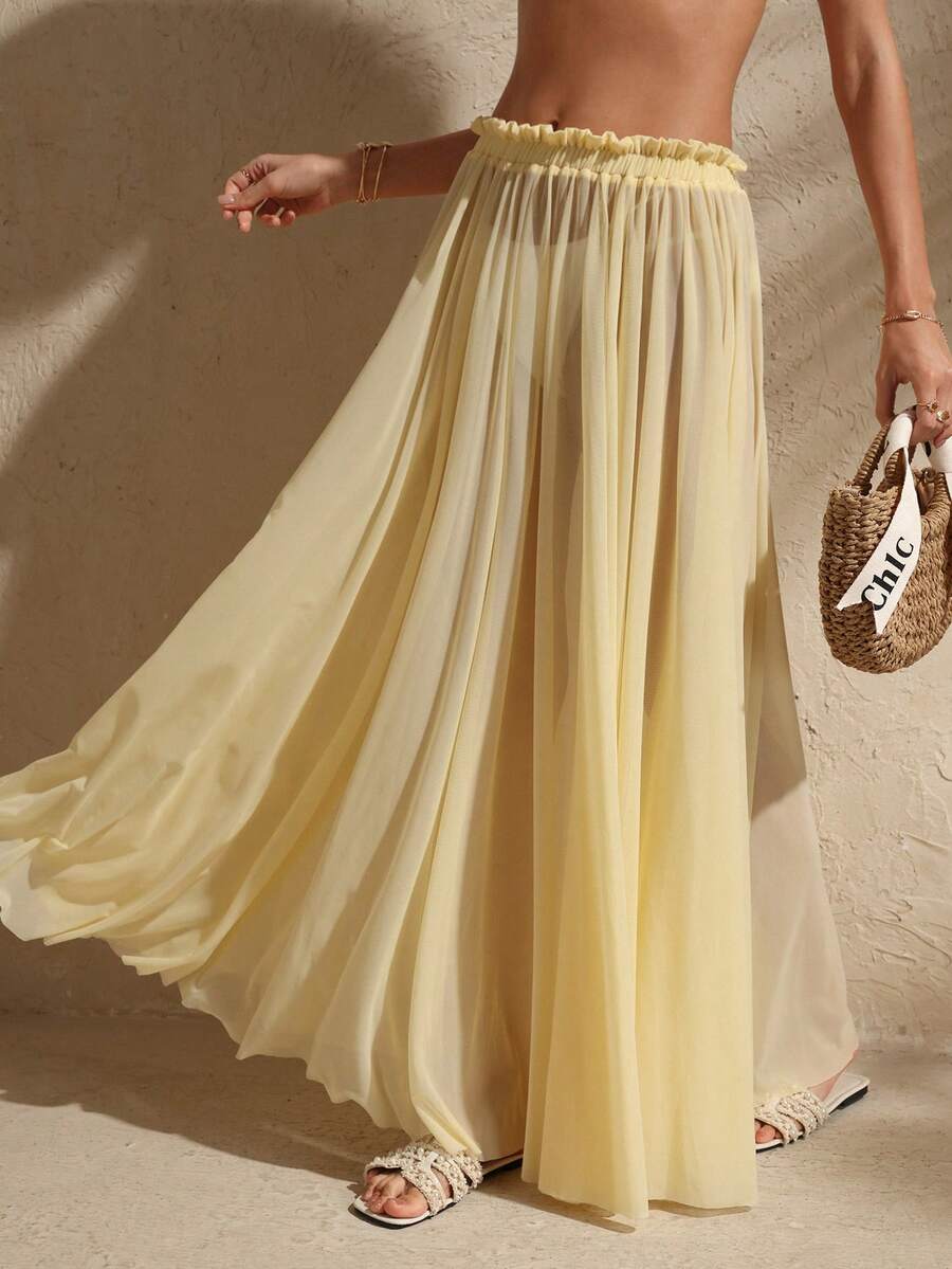 Swim Chiccia Yellow Mesh Fabric Comfortable Flared Skirt, Elegant Long Skirt - Yellow - View 1