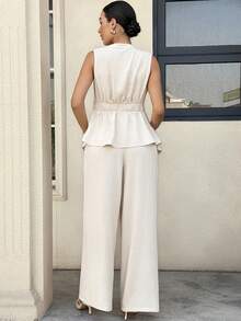 MaterniWear Bộ đồ bầu 2 món màu trơn, kiểu dáng thường ngày, gồm áo tank top không tay và quần dài, thích hợp cho mùa hè. - Màu be - Xem 2