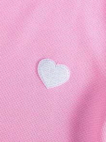 SHEIN Genkimix Kids 女童可爱爱心刺绣针织短袖T恤套装，时尚休闲运动装，适合日常、户外、度假穿着 - 玫紅色 - 查看 6