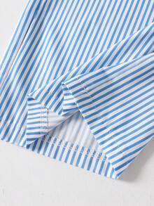 SHEIN Tween Girl Casual Striped Shirt & Pants T-Shirt Set, Suitable For Vacation, Outing, School, Ins Style - Blue - View 8