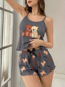 SHEIN 两件套小熊印花吊带背心和短裤睡衣套装 - 彩色 - 查看 5