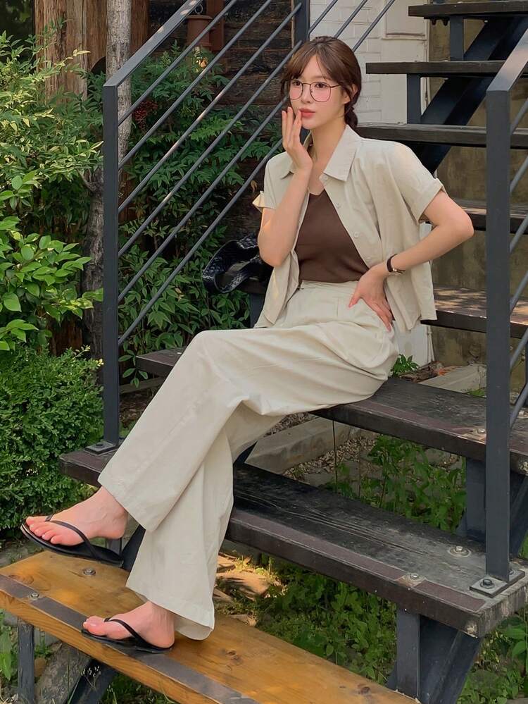 Women's Short Collared Top And High Waist Wide Leg Pants Set, Straight Loose Casual Long Trousers, Summer