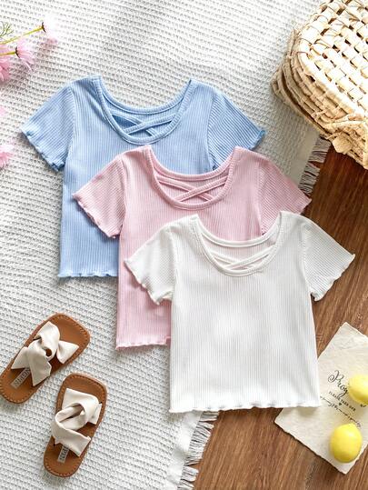 Vintaside Kids Baby Girls' Ribbed Texture Fabric T-Shirt, Multiple Pieces, Suitable For Countryside, Outdoor, Vacation, Summer