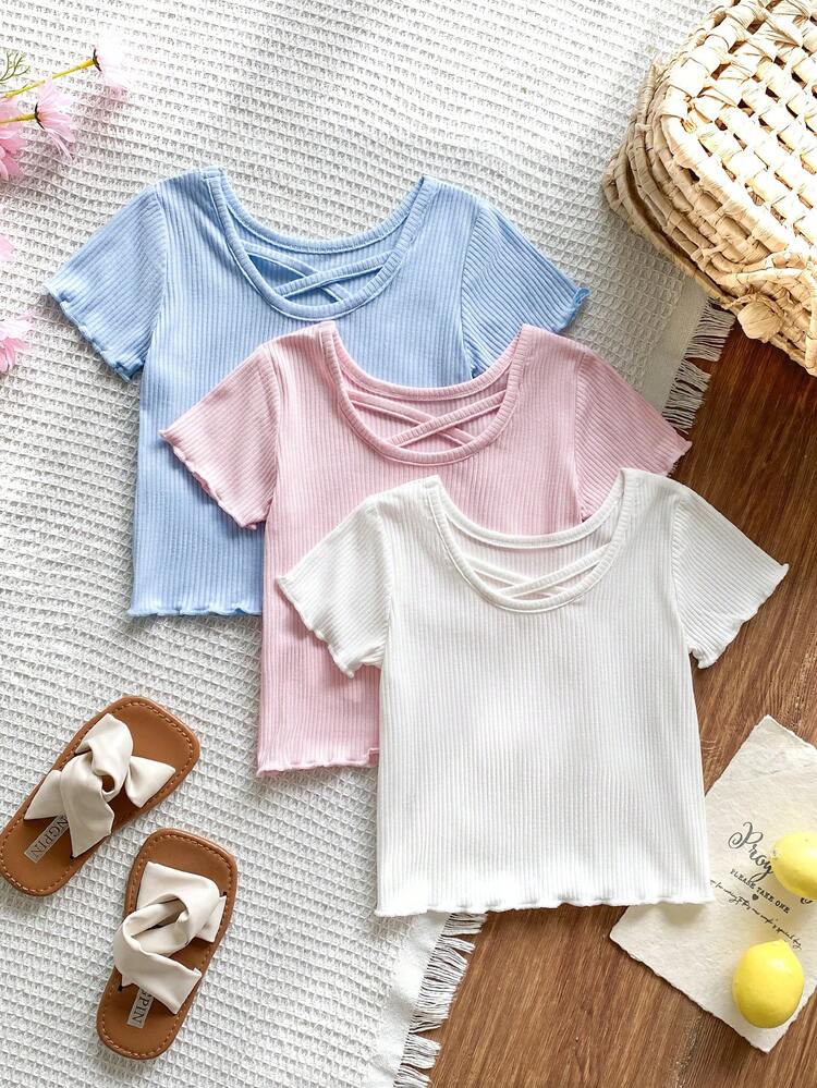 Vintaside Kids Baby Girls' Ribbed Texture Fabric T-Shirt, Multiple Pieces, Suitable For Countryside, Outdoor, Vacation, Summer - White - View 1