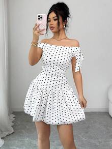 Elenzga 女士新款夏季波点印花无袖吊带蝴蝶结不对称优雅浪漫休闲度假白色连衣裙 - 白色 - 查看 4